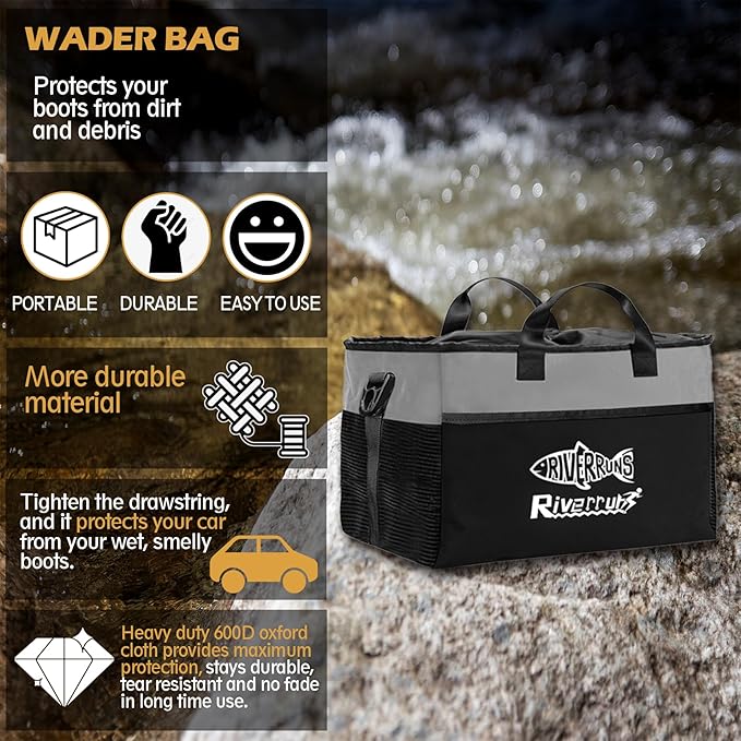 Riverruns Fishing Hunting Wader Bag with Vented Mesh, Waders Boots Bag, Fly Fish Storage Bag for Fishing, Hiking, Camping