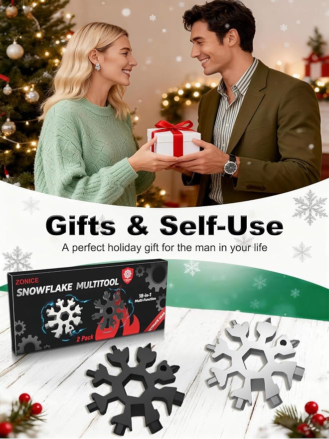 ZONICE 18-in-1 Snowflake Multi Tool – Stainless Steel with Bottle Opener & Wrench,Compact EDC Tool for Camping,Fishing,Hiking, Stocking Stuffers,Gifts for Men,Dad,Husband (Silver + Black)