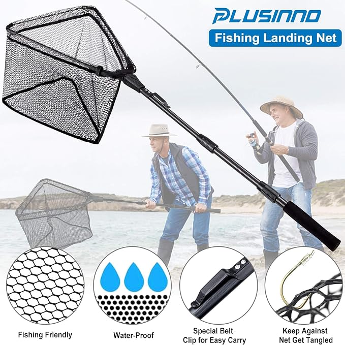 PLUSINNO Fishing Net Fish Floating Landing Net, Kayak Nets with Fixed Foldable Telescopic Pole Handle, Bass Trout Fishing Nets with Nylon Mesh for Pond Lake River, Fishing Gear Gifts for Men Anglers