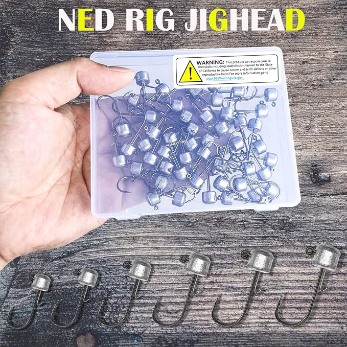 50 Pack Ned Rig Jig Hook Kits, Jig Heads for Soft Lures, Standard Fishing Jig Hooks, 3/8oz 1/8oz 1/6oz 1/4oz