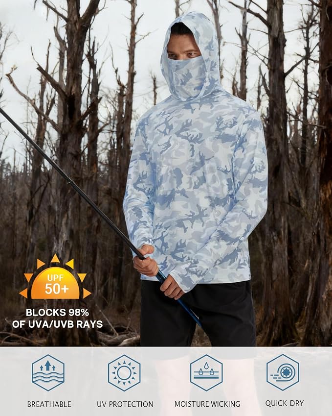 FISHEAL Men's Performance Fishing Hoodie Shirt - UPF 50+ Sun Protection Long Sleeve Thumbholes Shirts with Neck Gaiter