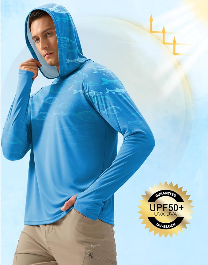 Pudolla Men's Sun Protection Hoodie Shirts UPF 50+ Rash Guard SPF Long Sleeve Fishing Shirt for Men Swim Hiking Boating