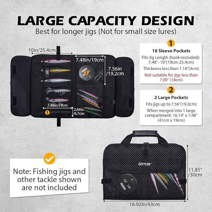 Goture Fishing Jig Bag,20 Mesh Pockets Portable Water-Resistant 600D PU Fishinig Lure Bag Saltwater Freshwater Suitable For Max 10" Length Vertical Jig Slow Pitch Jigging Bait Storage (16.92"x11.81")