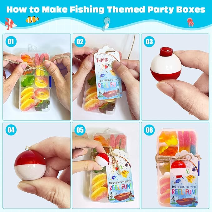 12 Set Fishing Candy Little Tackle Boxes for Birthday Party Favors with 12 Fishing Bobber 12 Thank You Cards for Making My Party Reel Fun Gone Fishing Theme Supplies Fishing Decorations (12)