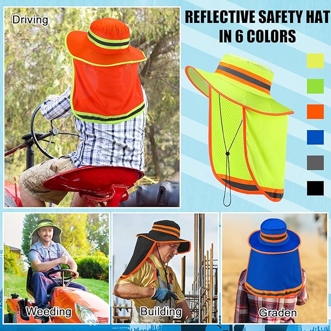 6 Pcs Reflective Safety Hat High Visibility Neck Flap Boonie Hat Wide Brim Work Hats Breathable Bucket Cap for Worker