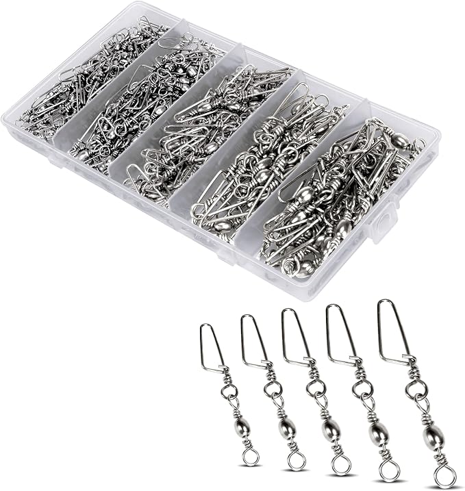 150PCS Fishing Swivels Snaps Kit, Ball Bearing Barrel Swivels Fishing Tackle 2# 4# 6# 8# 10#, Quick Change Snap Swivels Fishing Tackle, Saltwater Freshwater Fishing Accessories Gift