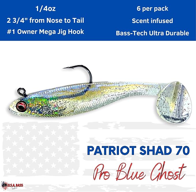 USA Bass Tackle Patriot Shad - Scent Infused Paddle Tail Swimbaits Pre Rigged Fishing Lures Premium Bait Strong Owner Hook, Fishing Gear for Bass Freshwater Predator Fish