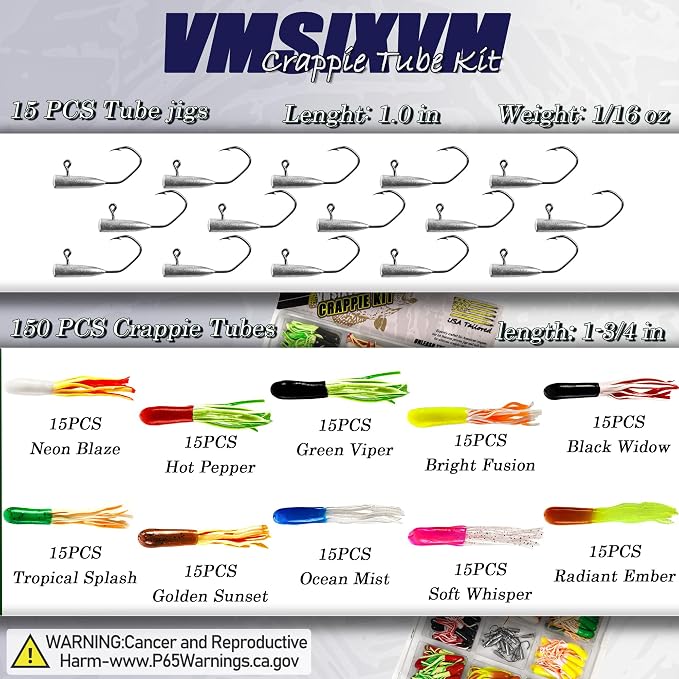 165 Pcs Tube Lures Crappie Lures with Jig Heads Soft Plastic Baits for Bass Fishing, Tube Worms Jigs Hooks Rigs Swimbait for Freshwater Saltwater