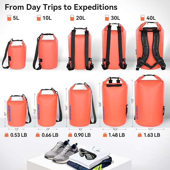 MARCHWAY Floating Waterproof Dry Bag Backpack 5L/10L/20L/30L/40L, Roll Top Sack Keeps Gear Dry for Kayaking, Rafting, Boating, Swimming, Camping, Hiking, Beach, Fishing