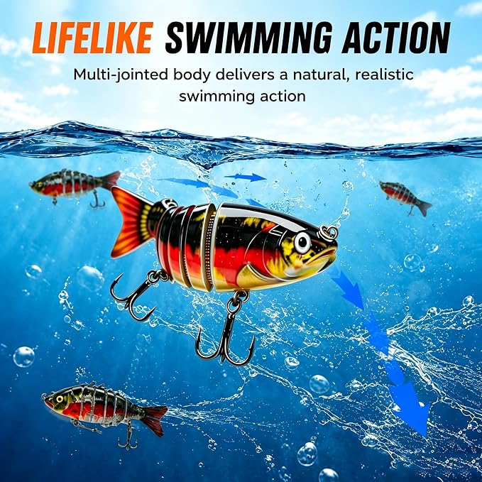 Multi Jointed Swimbait Hard Lure, 3.7in Slow Sinking Fishing Lures with Realistic S-Shaped Swimming Action, Built-in Gravity Transfer System & #6 Treble Hooks for Bass, Trout, Pike, Topwater Lure