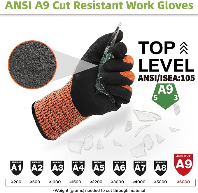 Schwer ProGuard Highest Level Cut Resistant Work Gloves PR3326 for Extreme Protection，ANSI A9 Cut Gloves with Reinforced Thumb, Non Slip, Breathable, Durable, Touch-screen, Orange 1 Pair XL