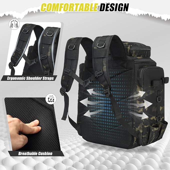 HAMBOLY Fishing Backpack 45L with Rod Holders, Water-Resistant Tackle Backpack for Fishermen, Large Capacity Fishing Gear Bag for Travel Hiking Camping