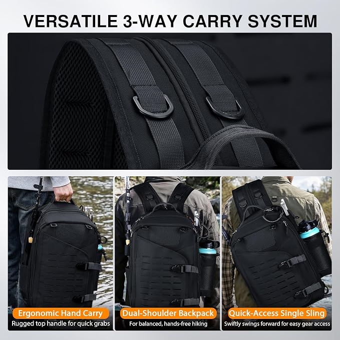 Goture Black Tackle Bag with Trays, Fishing Backpack for Men Professional Fishing Gear Organizer with MOLLE System, Rod Holder