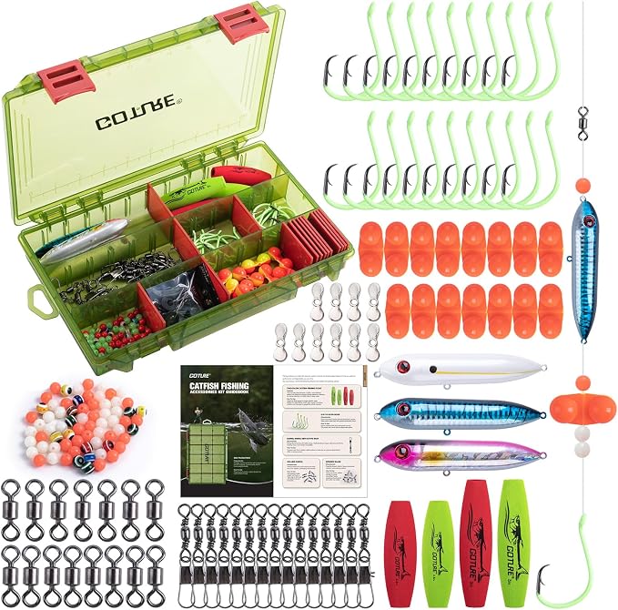 Goture Catfish Rig Making Kit,274pcs/300pcs Catfishing Tackle with Luminous Fishing Hook Swivel Sinker Weights Rattle Float Bobber Stoppers,Catfish Rigs Accessories with 3600 Tackle Box,Gifts for Men
