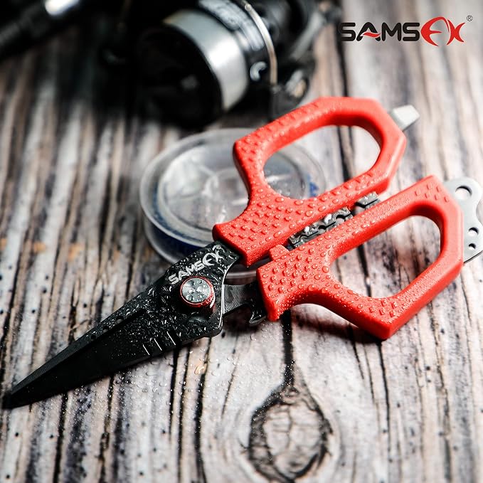 SAMSFX 6.5" Pro Fishing Shears Dual Serrated Blades, Fishing Braided Line Scissors with Titanium Coating, Non-Slip Grip & Multifunction Tool, Includes Hard Molded Locking Sheath & Coiled Lanyard