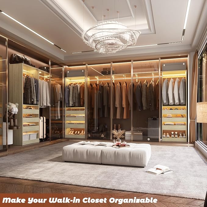 60" Wide x 80" Tall Closet System with 3 Half-Open Wooden Drawers, 5FT Closet Organizer System with 2 Hanging Rods & Removable Tower, Freestanding Wardrobe Organizer for Walk-in Bedroom, White Oak