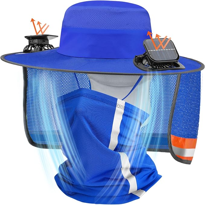 Solar Hat with Fans, Wide Brim Cooling Sun Hat with Removable Dual Fans USB Charging Neck Cover for Outdoor Fishing