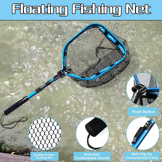 PLUSINNO Floating Fishing Net for Steelhead, Salmon, Fly, Kayak, Catfish, Bass, Trout Fishing, Rubber Coated Foldable Landing Net with Fixed or Telescoping Pole Handle, Fishing Gear and Gifts for Men