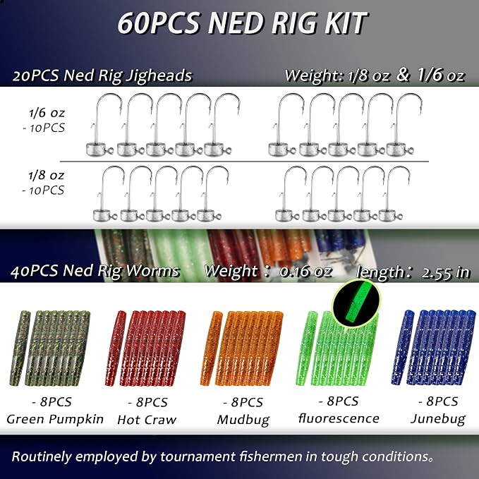 60/25 Pcs Ned Rig Jig Heads Soft Plastic Worms Stick Baits Kit, Mushroom Ned Rigs Jighead Hooks Worm Fishing Lures for Bass Freshwater Saltwater Fishing