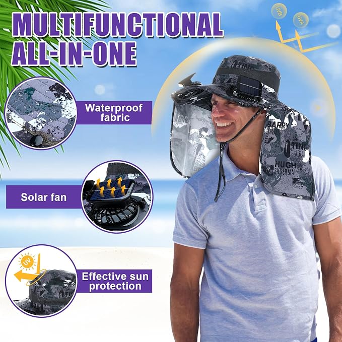 Chuarry Wide Brim Sun Hat with 2 Solar Fans and Neck Flap Outdoor Solar Powered USB Charging Bucket Fishing Hat for Men Women