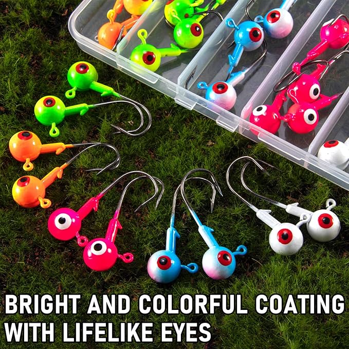 Alwonder 30-Pack Fishing Jig Heads, Round Ball Crappie Jig Head with 3D Eyes, Jigs Heads for Bass Fishing Trout Crappie Panfish Walleye, 1/32-1/2oz Live Soft Bait Ice Fishing Hook Freshwater Saltwater