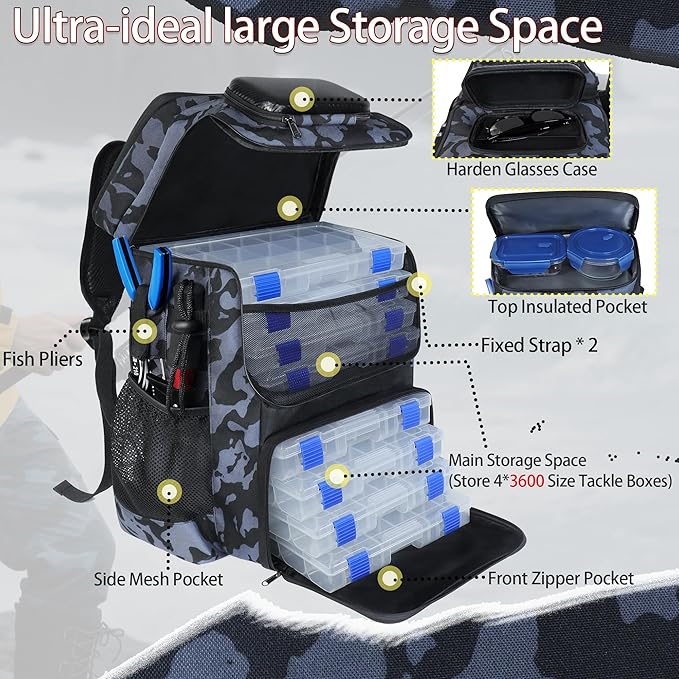 Fishing Backpack with Rod Holder X-Large 60L Tackle Gears Bag with Cooler for Storage Tackle Box and Fishing Accessories Stuff, Fish Gifts for Men Woman-Yellow Camo