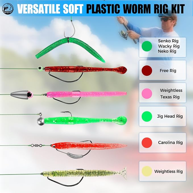 PLUSINNO Wacky Worm Fishing Lure Kit, Soft Plastic Fishing Lures, Grub Baits Hook Wacky Rig Bass Trout Fishing Worms Lures w/Tackle Box