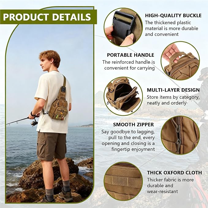 Fishing Backpack Small Fishing Tackle Storage Bag with 3 Methods of Carrying Large Capacity Sling Backpack for Outdoor Hiking Travel Hunting (Khaki)