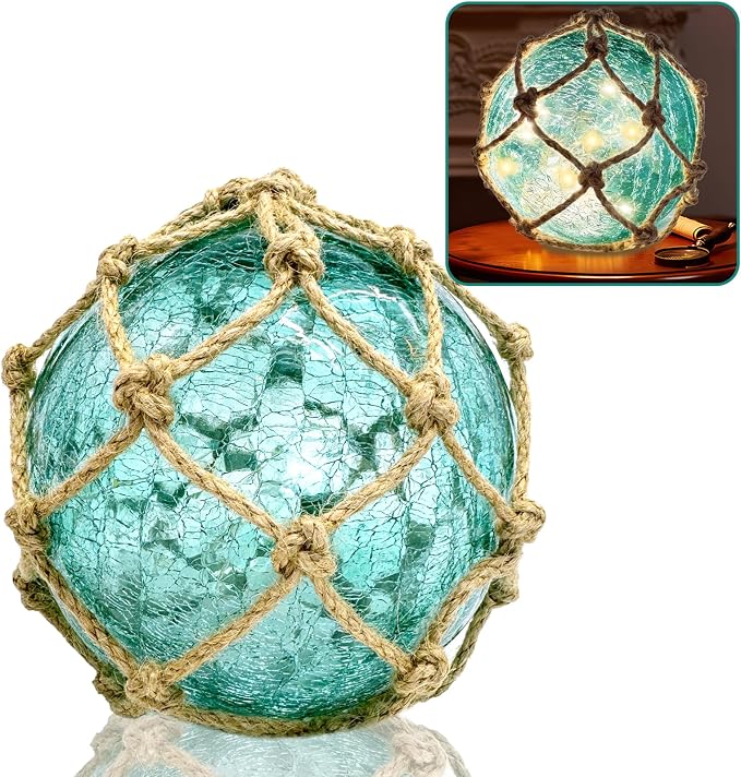 5.91" Green Glass Fishing Float Night Light,Cracked Glass Ball, Battery Powered Nautical Coastal Decor Beach Bathroom Decor (Green)