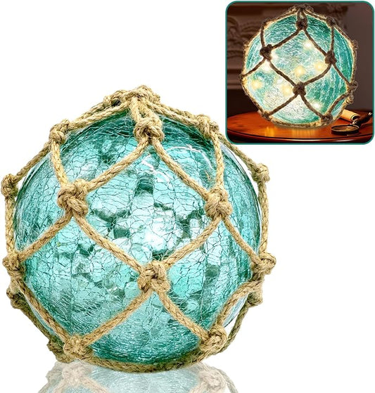5.91" Green Glass Fishing Float Night Light,Cracked Glass Ball, Battery Powered Nautical Coastal Decor Beach Bathroom Decor (Green)