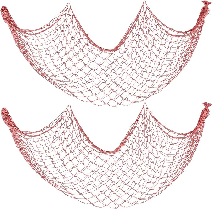 2 Pack Decorative Fish Net, 5x10 ft Large Red Fishing Net for Hanging Stuffed Animals & Party Decorations, Fishnet for Nautical Mermaid Pirate Beach Hawaii Under the Sea Themed Party Decorations