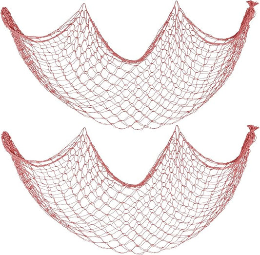 2 Pack Decorative Fish Net, 5x10 ft Large Red Fishing Net for Hanging Stuffed Animals & Party Decorations, Fishnet for Nautical Mermaid Pirate Beach Hawaii Under the Sea Themed Party Decorations