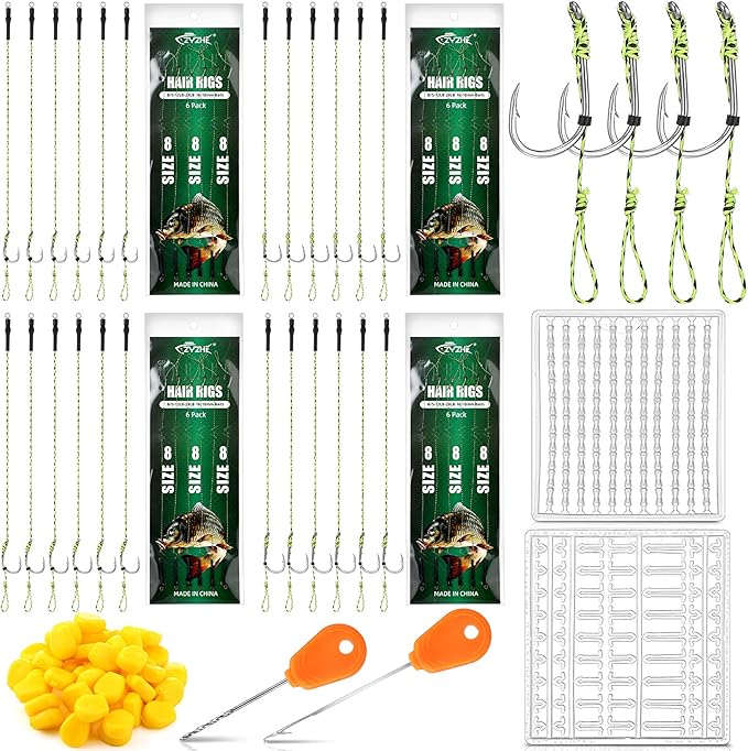 Seenelling 78 Pcs Carp Fishing Hair Rigs Bait Carp Rigs Kit Includes 24 High Carbon Steel Curved Barbed Hook 50 Fake Corn Lures 2 Line Bait Stopper 2 Needle Fishing Equipment Accessories