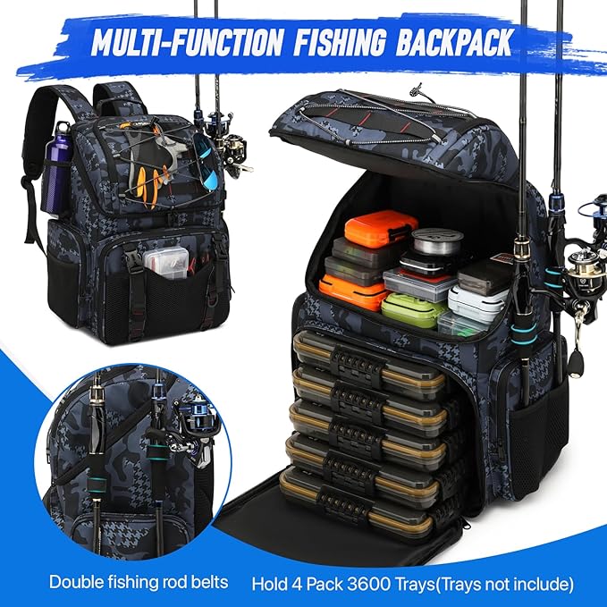RUCYEN Fishing Backpack, 45L Large Cooler Fishing Tackle bag with Rod Holders & Rain Cover, Water-resistant Store Fishing Gear