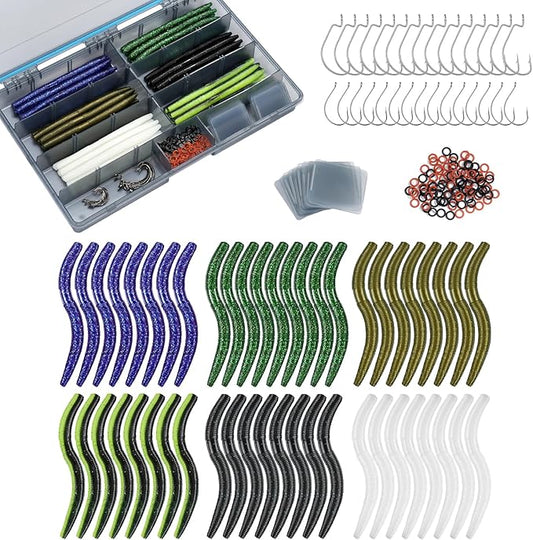 KEXMO 179PCS Wacky Worm Wacky Rig Kit for Bass Fishing, 48PCS 5.5" Worms Soft Plastic Lure with Salt Impregnation, 6 Premium Colors, 30 Hooks and 100 O-Rings with a Waterproof 3700 Tackle Box