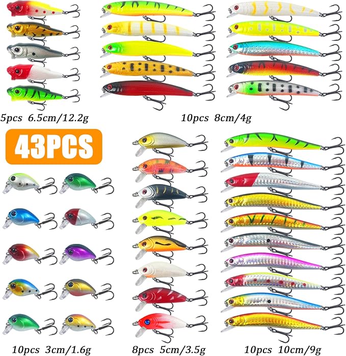43PCS Bass Fishing Lures Kit Set Topwater Hard Baits Minnow Crankbait Pencil VIB Swimbait for Bass Pike Fit Saltwater and Freshwater