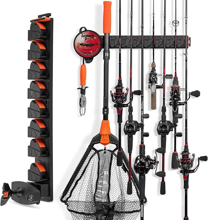 KastKing GravityLock V8 Multifunction Fishing Rod Holder, Wall Mounted Fishing Rod Rack, Holds 8 Fishing Rods or Combos, One Adjustable Clip, Patented Built-in Line Spooler & Cutter, Heavy-Duty Grip