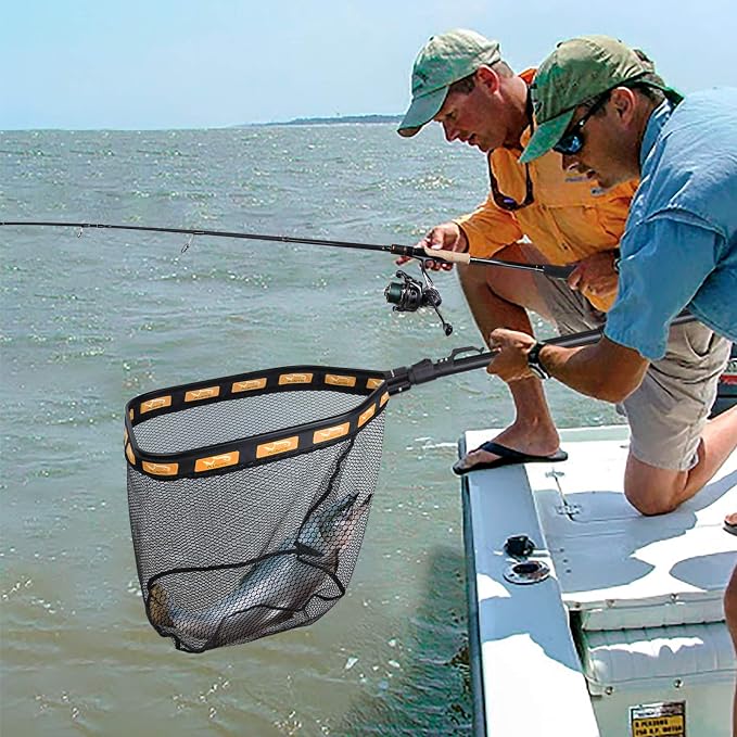 PLUSINNO Floating Fishing Net for Steelhead, Salmon, Fly, Kayak, Catfish, Bass, Trout Fishing, Rubber Coated Foldable Landing Net with Fixed or Telescoping Pole Handle, Fishing Gear and Gifts for Men