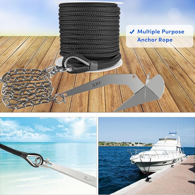 Boat Anchor Rope 150 ft x 1/2 inch Black, Double Braided Anchor Line with Stainless Steel Thimble & Shackle, Marine Rope Ideal for Towing,Mooring,Decks,Anchoring,for Boats Up to 35'