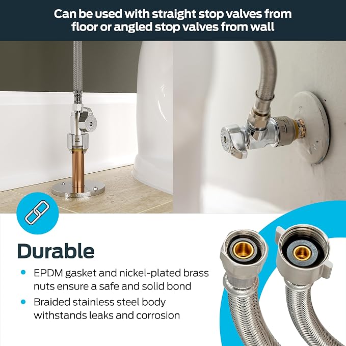 Eastman 20 Inch Flexible Toilet Connector, Stainless Steel Braided Hose with 7/8 Inch Ballcock Nuts, 3/8 Inch Compression, 48090