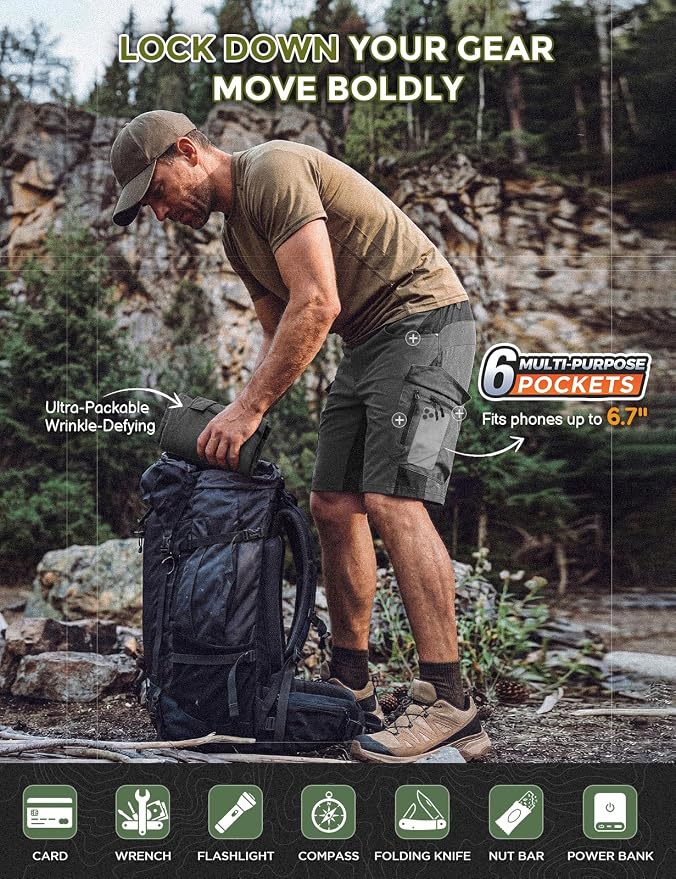 XKTTAC Men's Outdoor Quick Dry Lightweight Stretchy Shorts for Hiking, Tactical, Camping, Travel with 6 Pockets