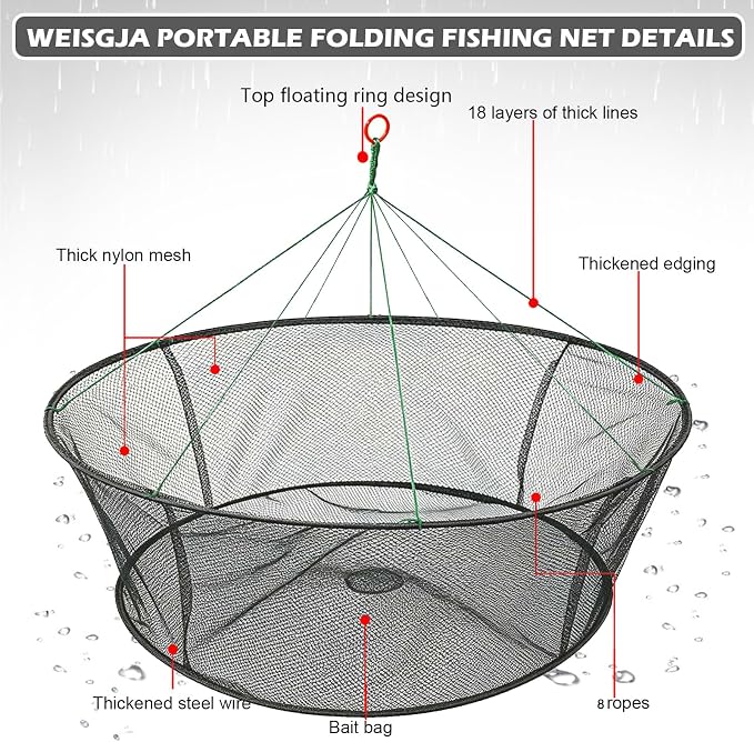 Portable Folded Fishing Net, Crab Net Fish Net with Fishing Rope, Hand Casting Cage Crab Net, Foldable Fishing Mesh Trap for,Minnows,Lobster,Crawfish, Shrimp etc.
