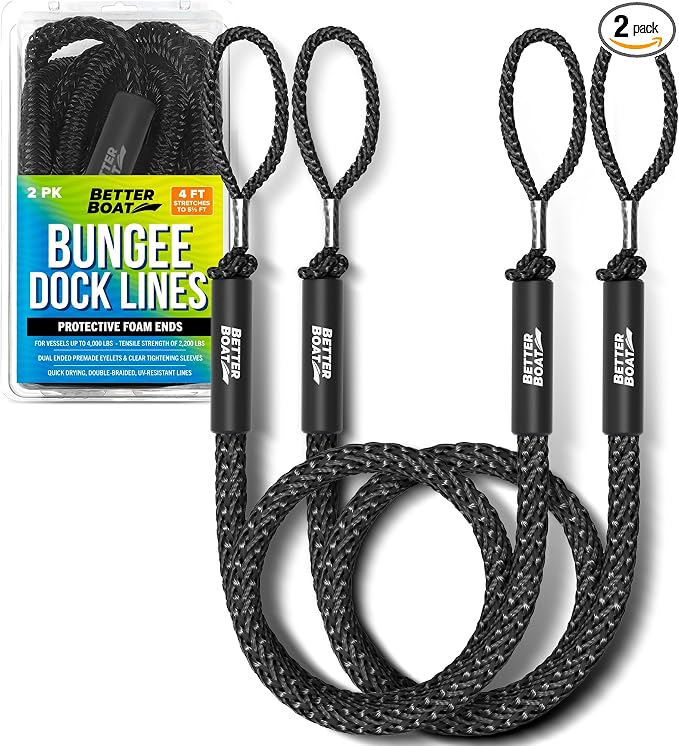 2-Pack Black Bungee Dock Lines, Marine Grade Boat Rope, Jet Ski or PWC Mooring Ties, Boating Accessories for Boats