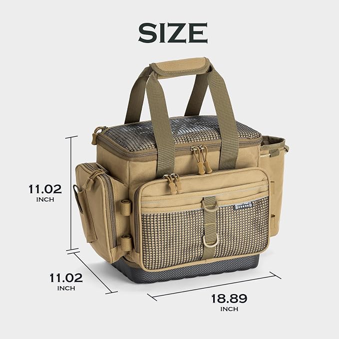 Ghosthorn Fishing Tackle Bag with Rod Holder Saltwater & Freshwater Resistant Tackle Box Bag - Waterproof Base, Adjustable Padded Shoulder Strap (Khaki)