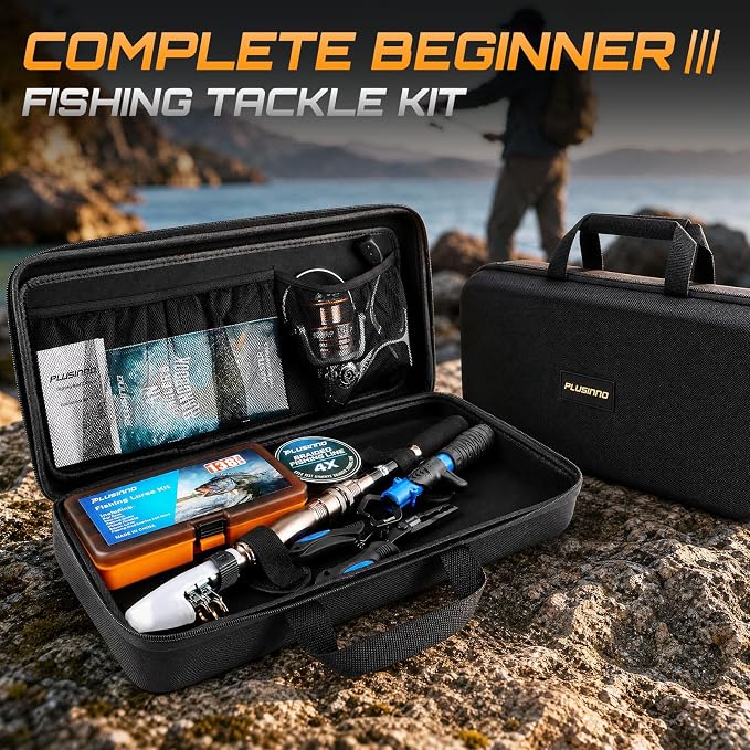 PLUSINNO Fishing Rod and Reel Combo with Telescopic Fishing Pole, Portable Travel Fishing Rods Kit with Tackle Box Carrier Bag & Manuals, Fishing Gear Tool Kit for Freshwater, Fishing Gifts for Men