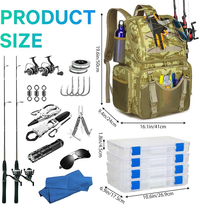 RUCYEN Fishing Backpack, 45L Large Cooler Fishing Tackle bag with Rod Holders & Rain Cover, Water-resistant Store Gear (Khaki Camo(With 4 Tackle Boxes))