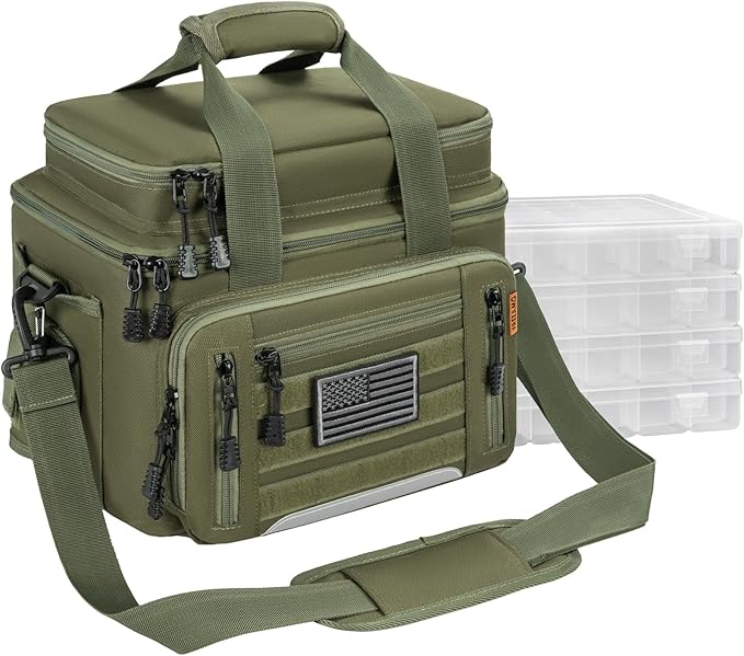 Fishing Tackle Bags with 4 * 3600 Tackle Trays - Saltwater & Freshwater Fishing Gear Bag Padded Shoulder Strap Tackle Box Bag (Green)