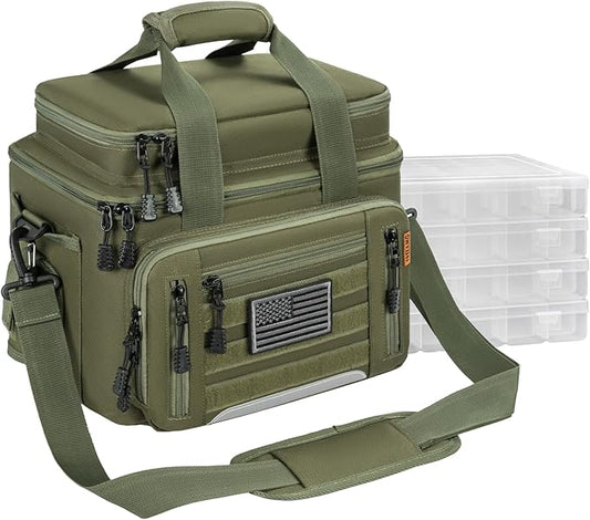 Fishing Tackle Bags with 4 * 3600 Tackle Trays - Saltwater & Freshwater Fishing Gear Bag Padded Shoulder Strap Tackle Box Bag (Green)