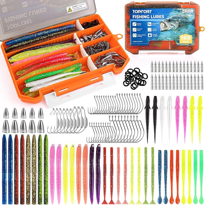 TOPFORT Fishing Lures, Bass Fishing Kit with Wacky Worm, Fishing Worms for Bass Fishing, Soft Plastic Baits with Hooks, Weights, Fishing Accessories, Fishing Gear Fishing Gifts for Men with Tackle Box