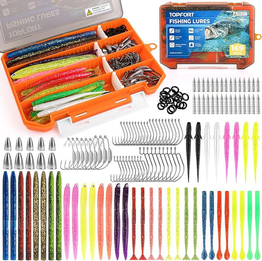 TOPFORT Fishing Lures, Bass Fishing Kit with Wacky Worm, Fishing Worms for Bass Fishing, Soft Plastic Baits with Hooks, Weights, Fishing Accessories, Fishing Gear Fishing Gifts for Men with Tackle Box